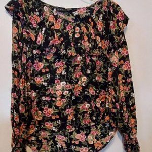 Vintage XPL Womans Foral !00% Rayon Blouse SZ M Colorful Ruffles Neck